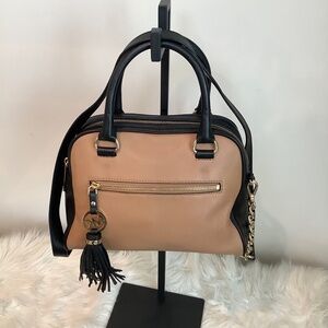 Michael Kors Leather Satchel – Nude & Black Two-Tone with Tassel Charm